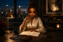 Personal exit strategy illustration of an elegant character planning at a desk with a passport, wallet, keys, and notebook.