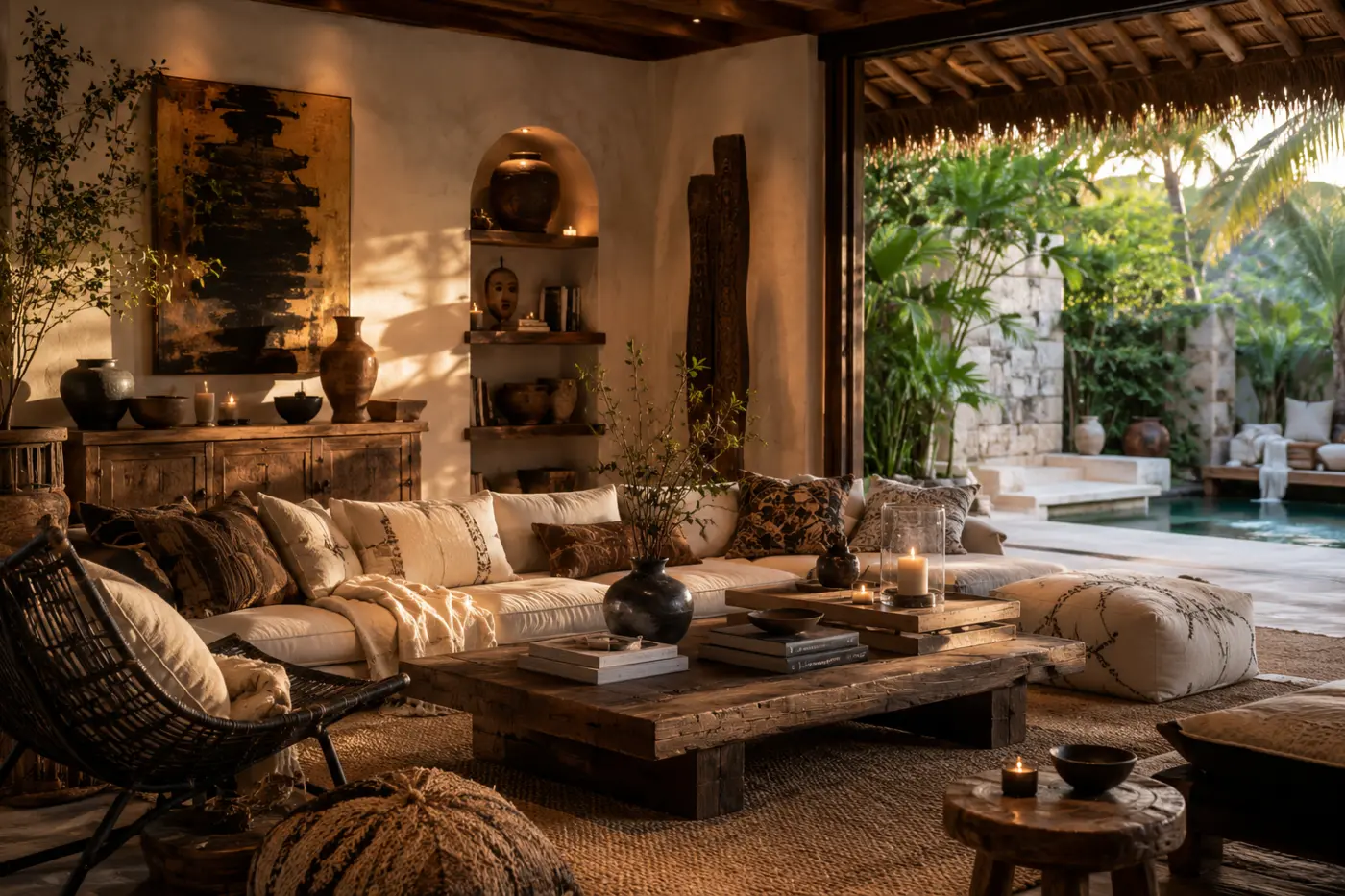 A warm luxury resort living room with cream sofas, dark wood furniture, candlelight, tropical greenery and an open view toward a private pool.
