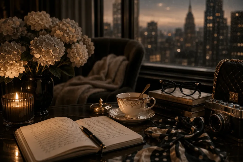 A dark wooden desk with an open handwritten journal, black-and-gold pen, porcelain teacup, black cat-eye glasses, polka-dot scarf, vintage camera, candle, white hydrangeas, and a rainy New York City skyline at dusk.