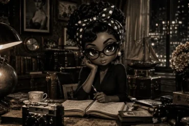 Stylized editorial portrait of Pepper Saint Clair seated at a dark wooden desk, wearing black cat-eye glasses and a polka-dot headwrap while writing in an open journal, surrounded by books, a globe, camera, teacup, telephone, flowers, and a nighttime city view.