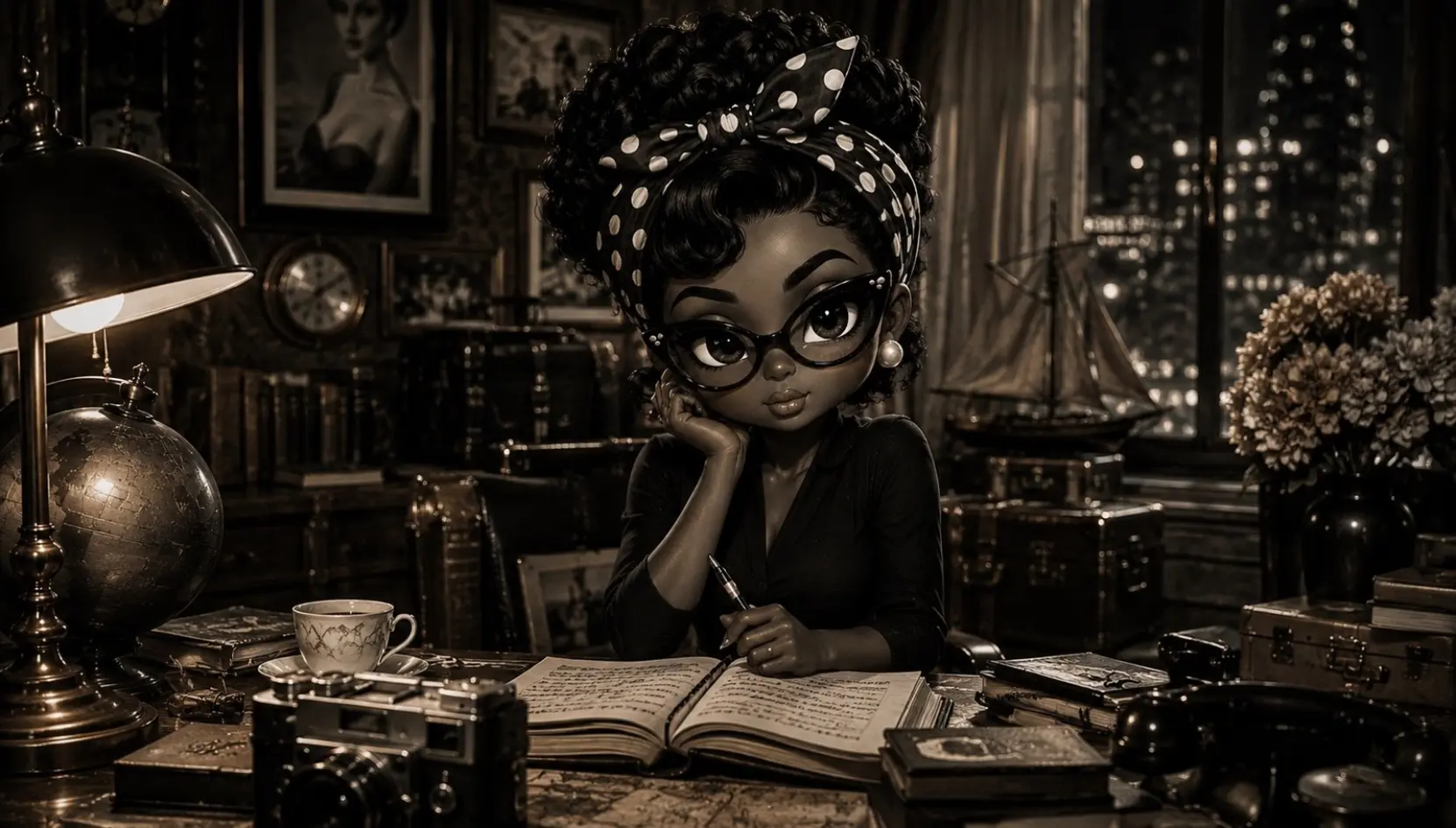 Stylized editorial portrait of Pepper Saint Clair seated at a dark wooden desk, wearing black cat-eye glasses and a polka-dot headwrap while writing in an open journal, surrounded by books, a globe, camera, teacup, telephone, flowers, and a nighttime city view.