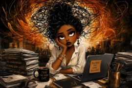 A digital illustration of an exhausted Black woman sitting at a laptop, surrounded by paperwork labeled with workplace stresses, with a chaotic scribble cloud above her hair and a mug reading Zen the fuck out.