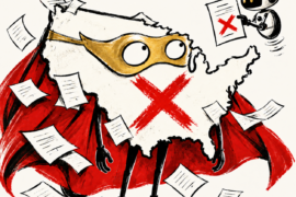 Unites States satire cartoon showing America as a confused caped superhero while a robot corrects an official government document.