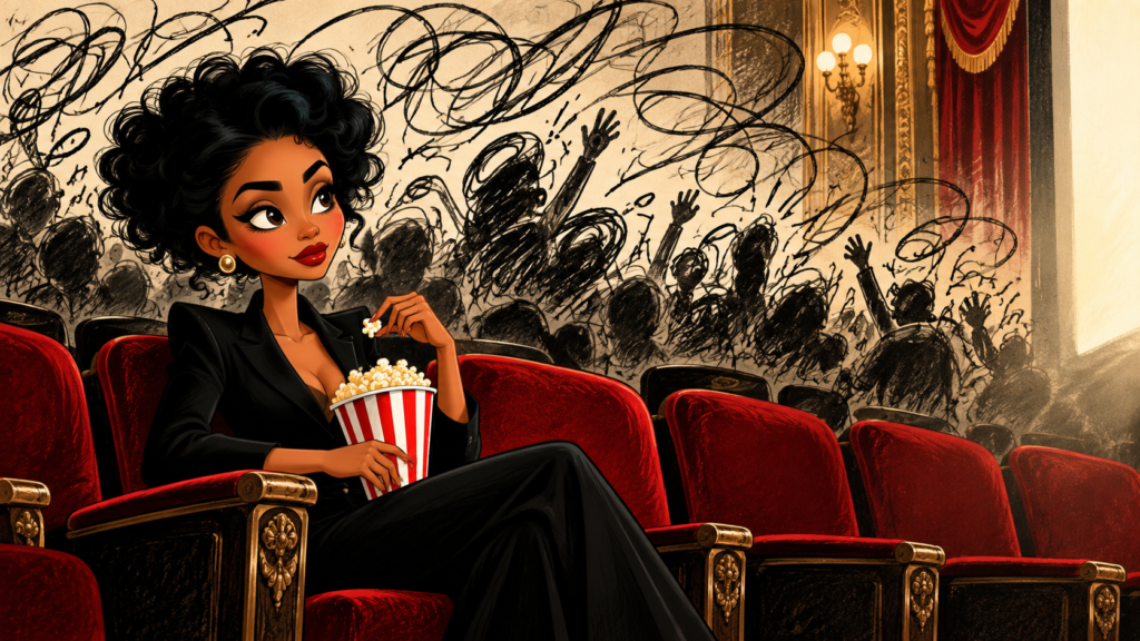 Black woman eating popcorn in a theater while scribbled chaos unfolds behind her during the Unites States Super Intelligence saga.