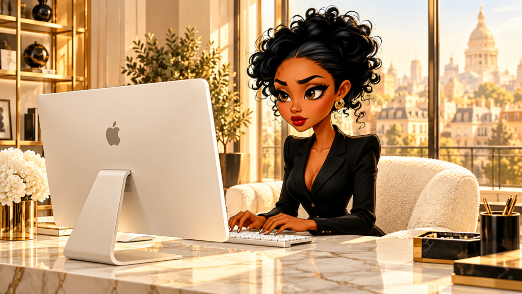 Illustrated Black woman typing on a large white desktop computer in a luxury home office while testing AI prompts.