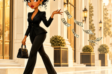 Illustrated Black woman walking confidently and tossing dollar bills with a skeptical expression and question mark, representing a test of AI prompts to make money.
